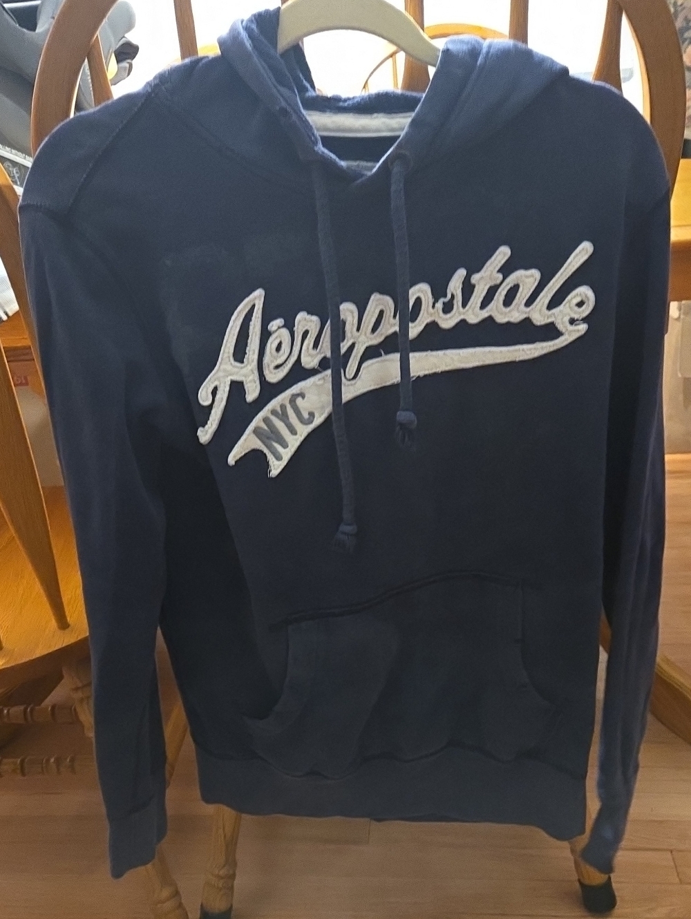 Aeropostale Navy Blue Pullover Hoodie with White Script Logo